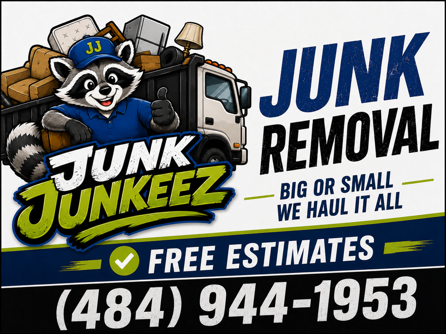 Junk Junkeez raccoon mascot with junk removal truck loaded with furniture and appliances